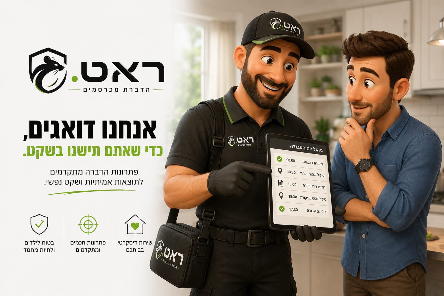 מדביר RAT מסביר ללקוח את תהליך הדברת המכרסמים
